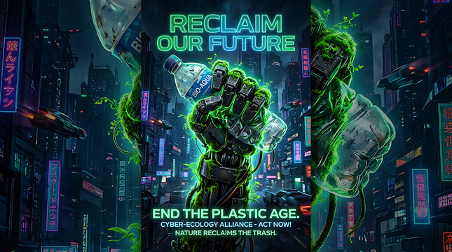 Cyberpunk concept art of a glowing fist crushing plastic bottle to reclaim