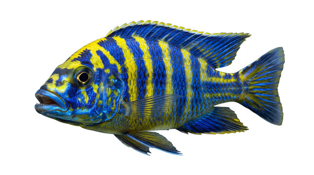 Vibrant blue and yellow cichlid fish swimming isolated on transparent background