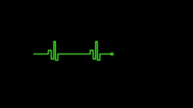 Futuristic 2D animated cardiogram with a vibrant, blocky neon lime green pulse line, dynamically glowing against a stark black background in a seamless tech loop.