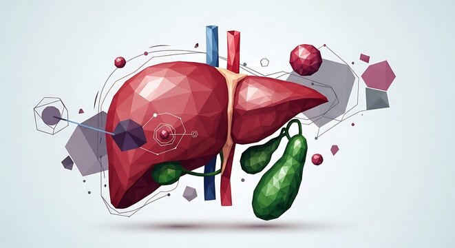 Human liver and gallbladder shown in geometric polygonal style