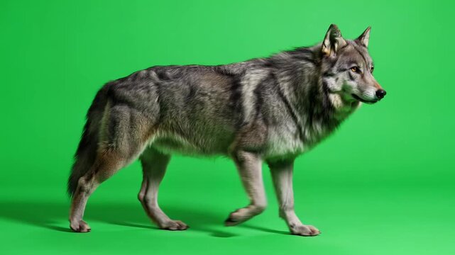 Large gray wolf walking forward in a side profile view on a green screen