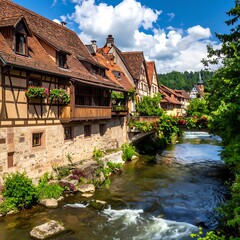 Fototapeta premium Traditional European village by river.