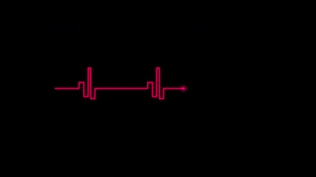 Glowing vibrant rose blocky 2D heartbeat waveform, an abstract digital tech pulse signal dynamically animating with precision against a deep black canvas.