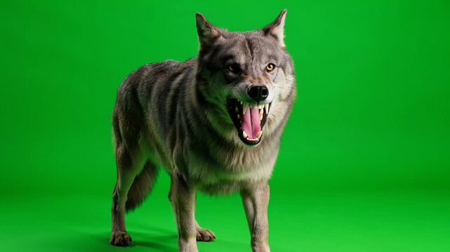 Wild gray wolf growling and snarling with teeth bared on a green screen