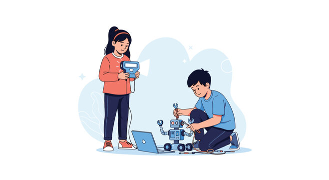 Young boy and girl work together to build and program a small robot using tools and a laptop in a stem education classroom activity.