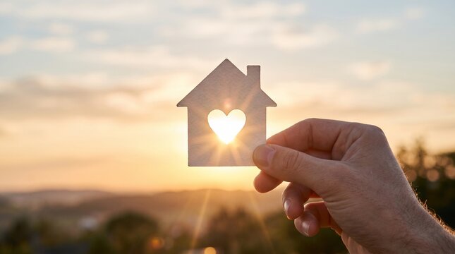 Heartfelt Haven: A hand holds a cutout of a house with a heart emblem, silhouetted against a warm, sun-drenched sky, symbolizing home, love, and belonging.