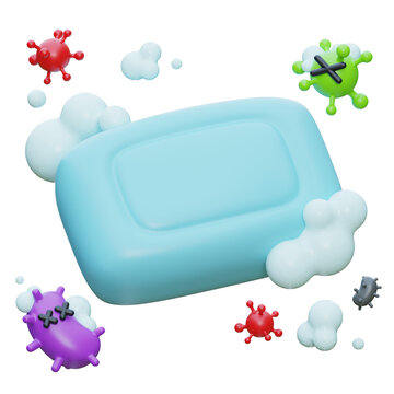 3D Render of Soap Bar Eradicating Bacteria and Viruses with Foam Bubbles