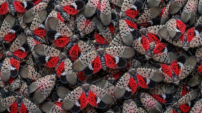 A dense swarm of spotted lanternflies with striking red black and white patterned wings clustered together filling the frame