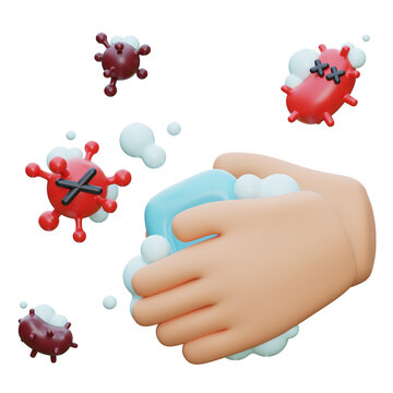 3D Render of Washing Hands with Soap Eradicating Bacteria and Viruses