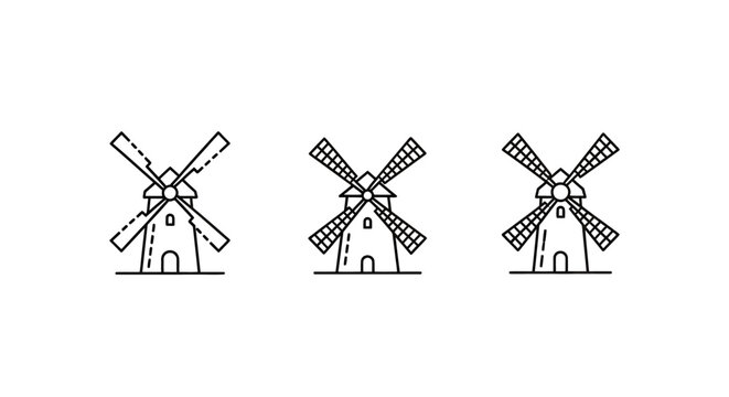 Three classic windmill illustrations in simple line art style.