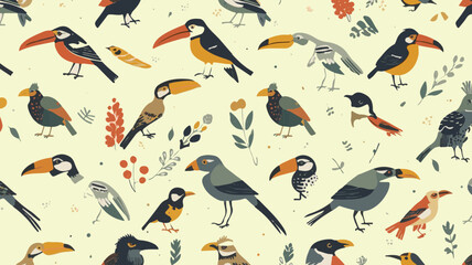 Fototapeta premium Vector illustration of a repeating pattern of birds in a flat design style, featuring stylized motifs on a fabric-like texture, with bold lines