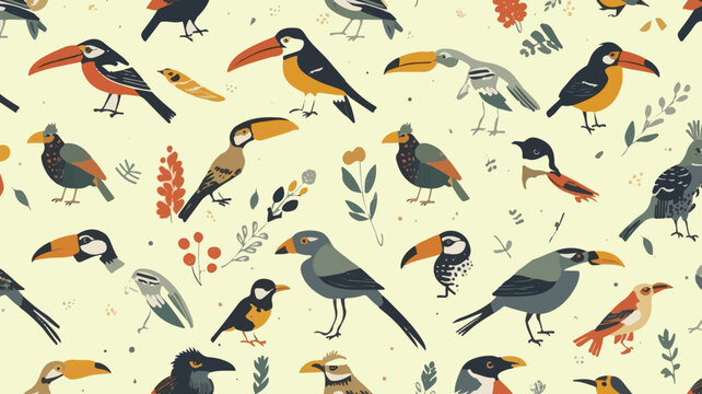 Vector illustration of a repeating pattern of birds in a flat design style, featuring stylized motifs on a fabric-like texture, with bold lines