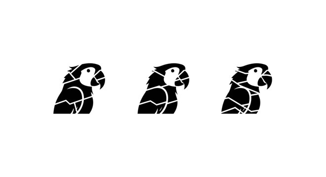 Three Black Silhouette Parrots in Simple Design Style.