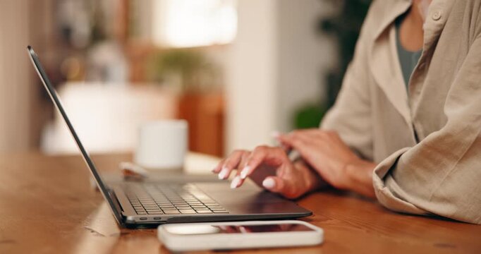 Hands, laptop and woman typing in home office for remote work, campaign or social media marketing. Computer, freelance marketer and person with keyboard for post schedule, ads or research trends