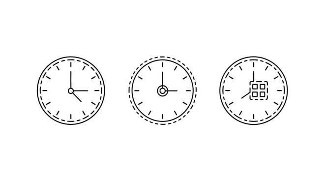 Three illustrative clock icons with unique designs inside.