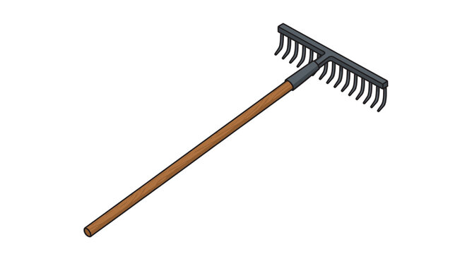 Wooden rake tool isolated on white background for gardening and landscaping