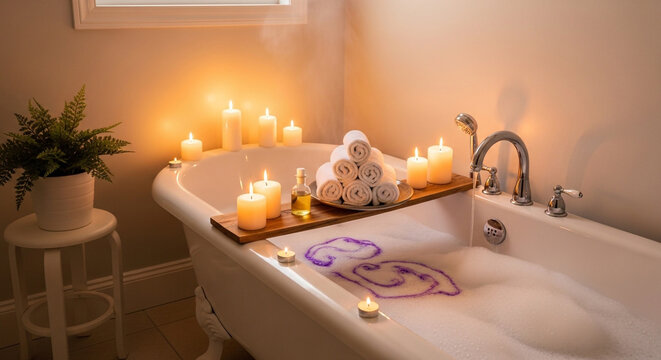 Indulge in a serene home spa experience with a warm bubble bath, flickering candles, and essential oils for ultimate relaxation.