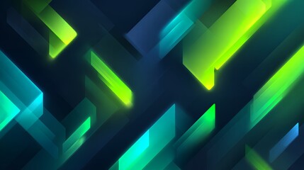 Obraz premium Abstract Futuristic Geometric Diagonal Slabs Background with Glowing Green Blue and Cyan Neon Light Bars for Presentation Tech