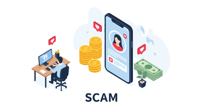Online romance scam concept showing a man at a computer being deceived by a fake social media profile for money.