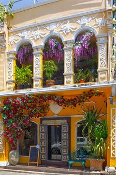 Colourful, decorated Sino Portuguese architecture building in Soi Rommanee, Phuket Town, Thailand