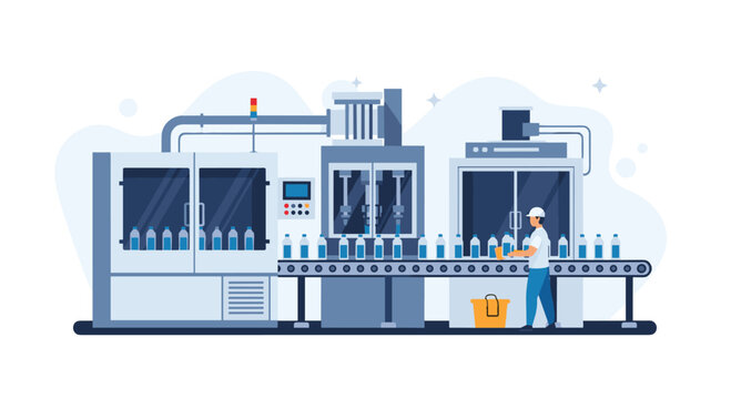 High-tech automated water bottling plant featuring advanced machinery and a professional worker on the factory floor.