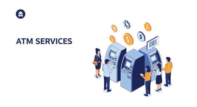 People using automated teller machines for financial transactions and banking services in a modern city setting.