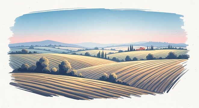 Serene countryside landscape with rolling hills.