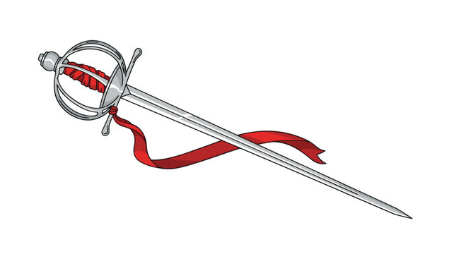 Elegant professional fencing rapier sword with a protective guard and a long red ribbon wrapped around the metal blade.