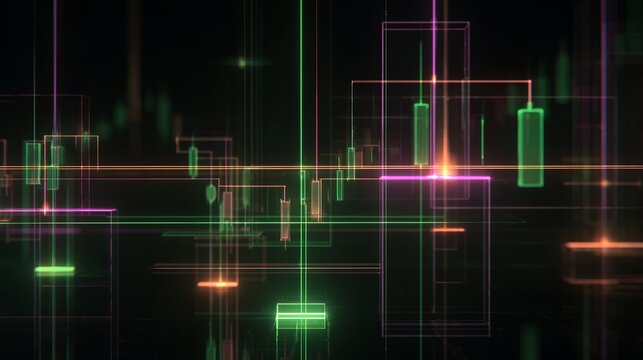 3D wireframe glowing trading chart and data structures with green and orange neon lights on black for cyber finance overlays.