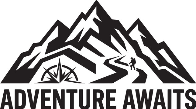 Mountains with a compass and a hiking figure represent the spirit of exploration and the journey of outdoor adventure.