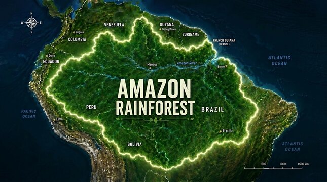 Detailed Map Illustrating the Vast and Vital Amazon Rainforest Across South America, Highlighting its Ecological Importance and Natural Grandeur