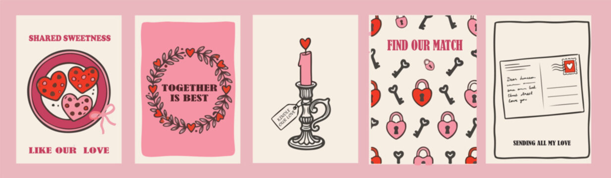 Set of playful Valentine's Day greeting card designs, in bright line art and sketch style, featuring champagne glasses, a match with fire, a pattern of hearts and an ace of hearts playing card, vector