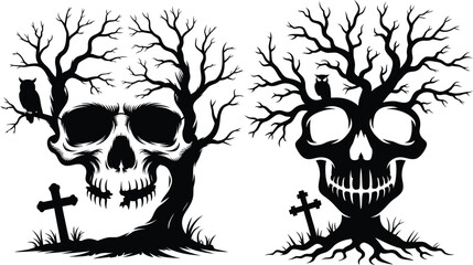 Fototapeta premium Skull Tree Horror Illustration Bundle, gothic skull art, creepy tree skull