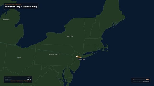 Animation map flight route from New York USA JFK to Chicago USA ORD for aviation and travel asset