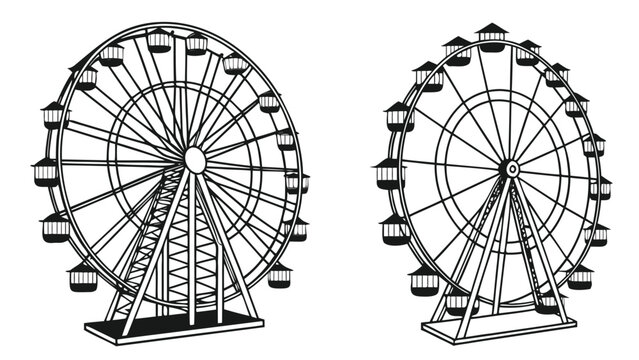 Vector illustration of two classic fairground ferris wheels in black and white line art with amusement