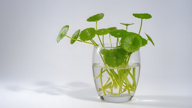 Fresh centella asiatica plant in glass vase for botanical skincare and clean beauty concept