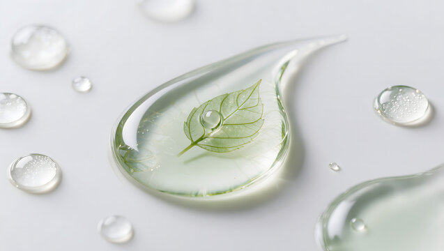Botanical hydrogel serum texture with green leaf extract and clean beauty skincare concept