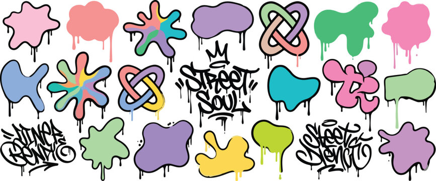 Hand drawn circles, ellipses and bubble shapes to highlight text. Graffiti spray paint style round outline elements with splashes and drips. Rough doodle stencil shapes. Vector illustration.
