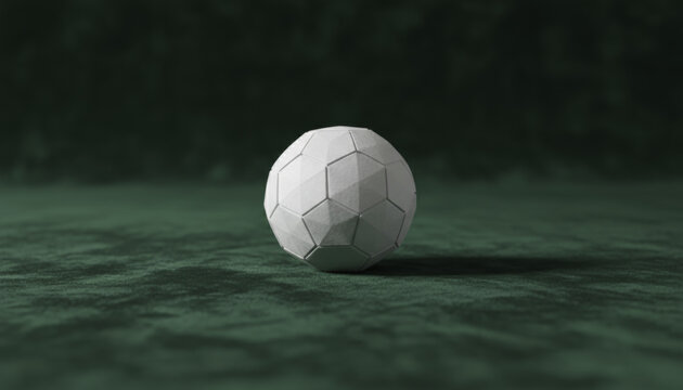 Origami soccer ball white paper geometric polygon sphere minimal design on dark green velvet surface with soft light and gentle shadow creating calm modern mood