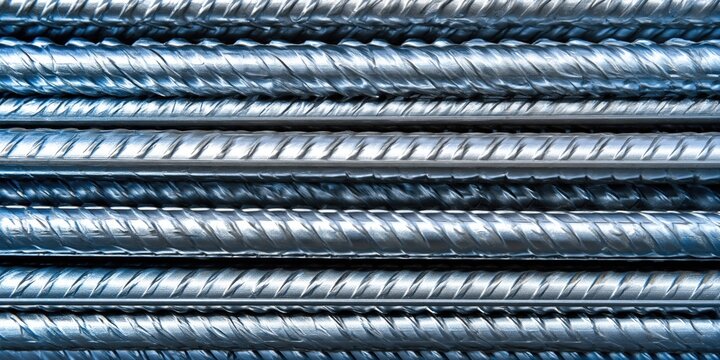 Close-up horizontal stack of construction steel rebar rods with textured surfaces