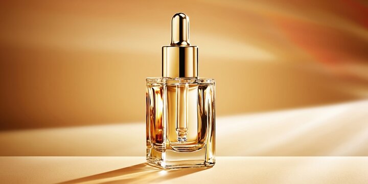 Elegant beauty serum bottle with a luxurious golden cap and clear design