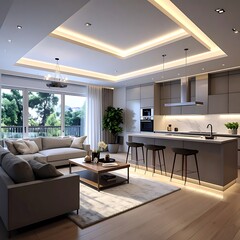 Fototapeta premium Modern living room with kitchen island.