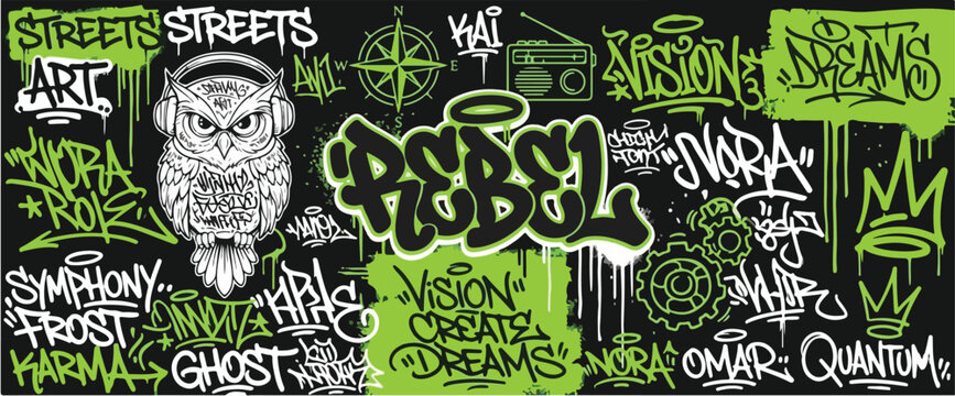 Urban graffiti seamless pattern neon green spray paint street art grunge texture abstract dark background with drips splashes hand drawn tags hiphop style modern trendy streetwear design