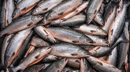 Obraz premium A large pile of fresh whole salmon fish with silver scales and orange flesh visible in a close up overhead view