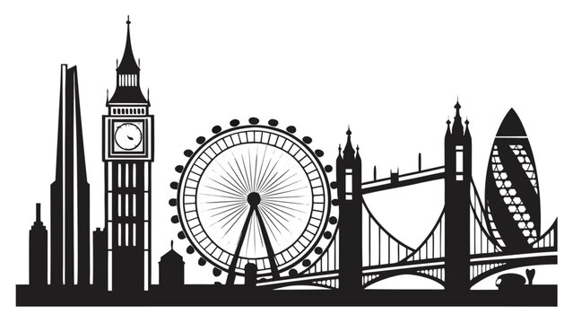Vector illustration city landmark skyline silhouette with famous clock tower and bridge landmark silhouette