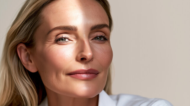Blonde woman 40s close face portrait split lighting, skin aging sun damage texture versus radiant glow side, dermatology skincare editorial, wrinkles natural beauty mature.
