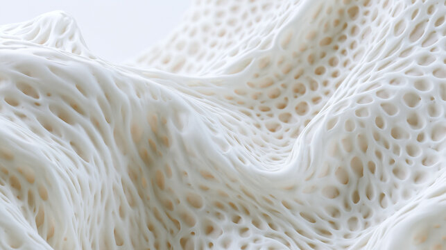 Artificial skin biomaterial with wavy porous structure, engineered for tissue regeneration and reconstructive medicine. Clean futuristic concept for transplantation, wound healing and bioengineering.
