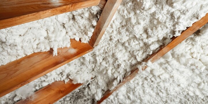 Close-up of attic insulation with wooden beams showing signs of trapped humidity