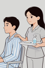 Obraz premium Nurse attending to a hospitalized male patient in clinic setting