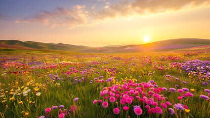 Fototapeta premium Wildflowers blooming in a meadow during a golden sunset with rolling hills in the background
